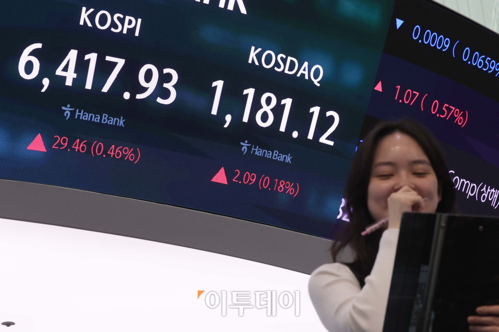 ▲22일 서울 중구 하나은행 딜링룸 전광판에 코스피 지수가 전 거래일보다 29.46포인트(0.46%)오른 6417.93를 나타내고 있다. 코스닥 지수는 전거래일보다 2.09포인트(0.18%)상승한 1181.12에 거래를 마감했다. 원·달러 환율은 오후 3시 30분 기준 전 거래일보다 7.70원 오른 1476.20원으로 집계됐다. 김예연 인턴기자 kimye@