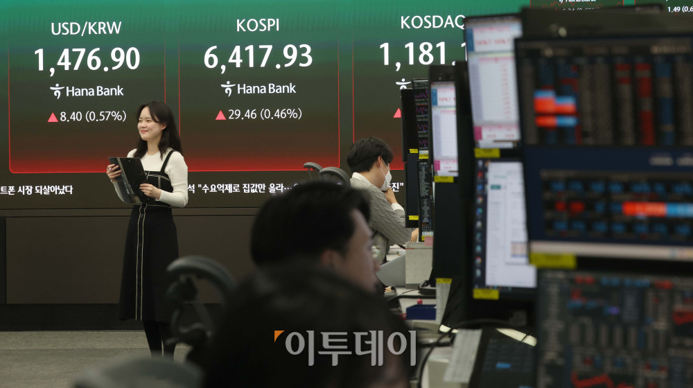 ▲22일 서울 중구 하나은행 딜링룸 전광판에 코스피 지수가 전 거래일보다 29.46포인트(0.46%)오른 6417.93를 나타내고 있다. 코스닥 지수는 전거래일보다 2.09포인트(0.18%)상승한 1181.12에 거래를 마감했다. 원·달러 환율은 오후 3시 30분 기준 전 거래일보다 7.70원 오른 1476.20원으로 집계됐다. 김예연 인턴기자 kimye@
