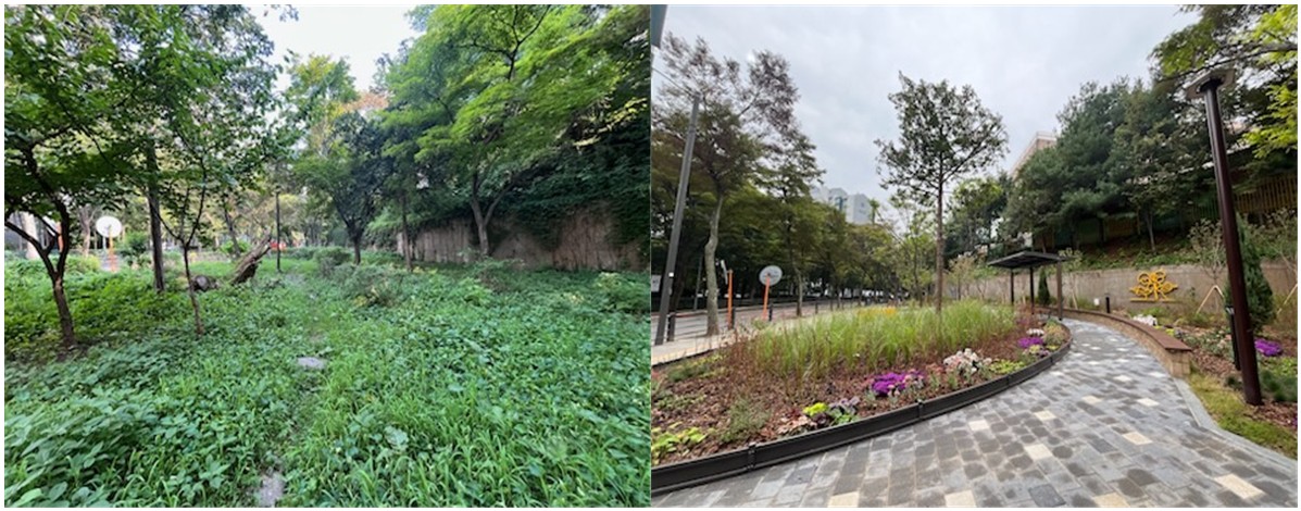 ▲서울특별시 양천구 ‘2025년 주민참여 예산 선정 사업’ 양명초등학교 후문 옆 쉼터 정비 전후 모습. (사진 제공 = 양천구)