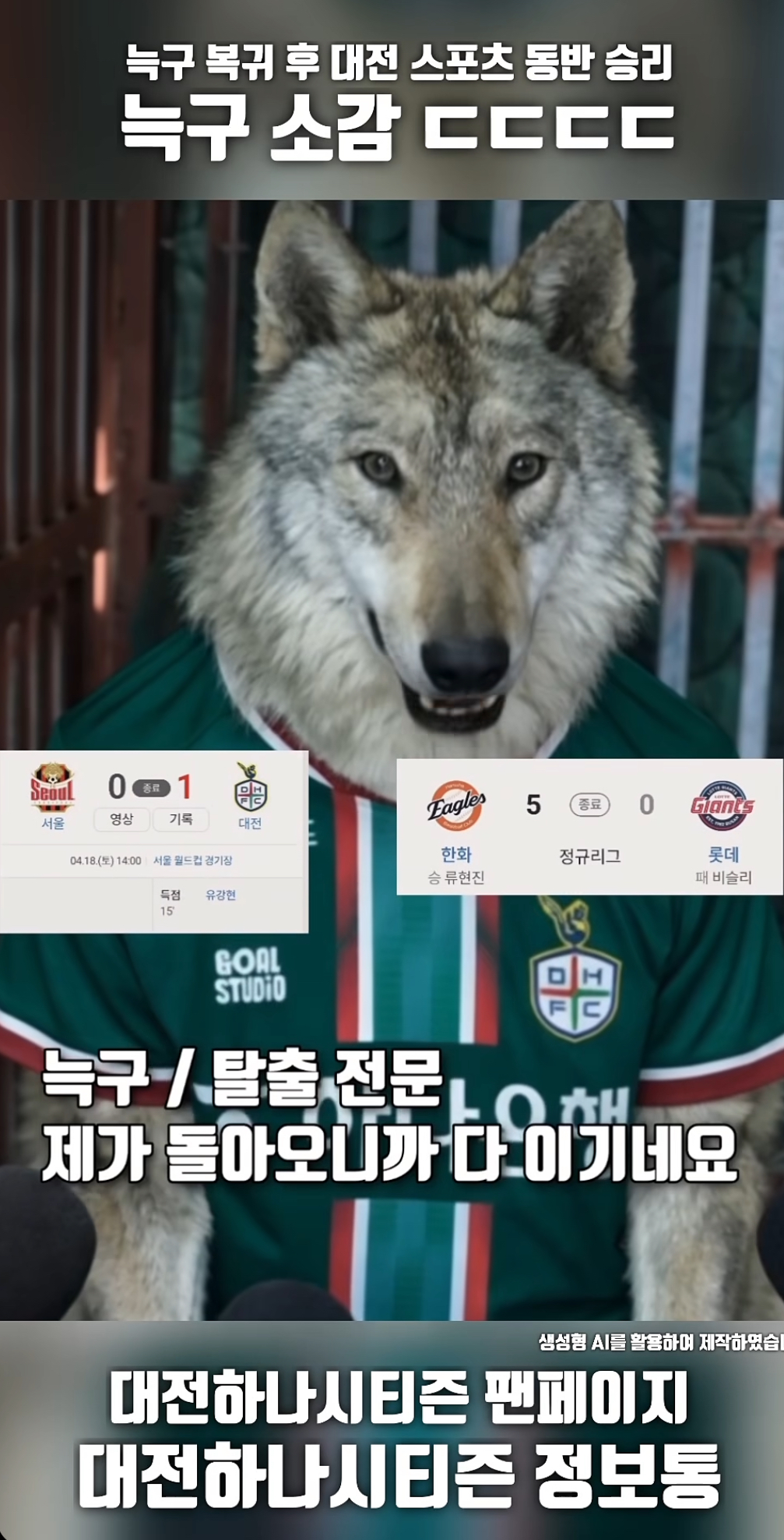 ▲대전하나시티즌 팬페이지에서 인공지능(AI)을 활용해 만든 '대전 스포츠 동반 승리' 늑구 소감 영상 갈무리. (출처=인스타그램 계정 'daejeonhana_jbt' 캡처)