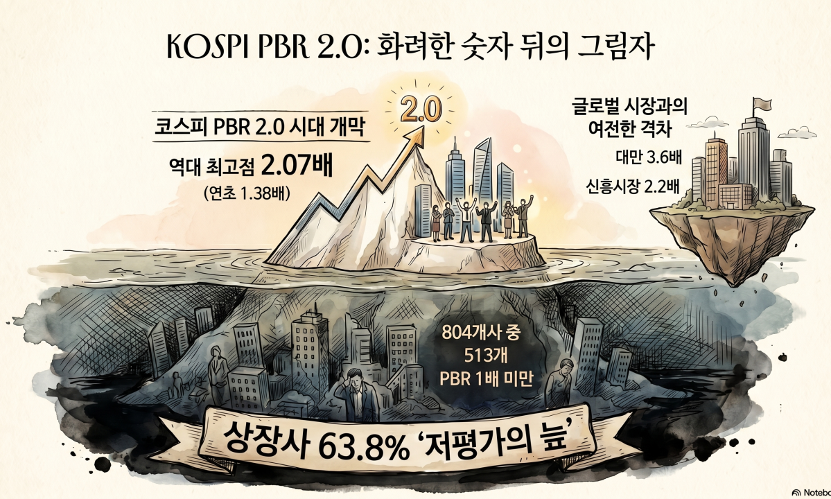▲26일 한국거래소에 따르면 23~24일 코스피 지수의 주가순자산비율(PBR)은 2.07배로, 역대 최고점을 기록했다. (출처=구글 노트북LM)