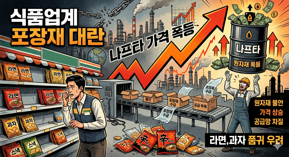 ▲나프타 가격 상승에 따른 식품업계 포장재 대란을 우려하는 일러스트 (일러스트=제미나이 AI 생성)
