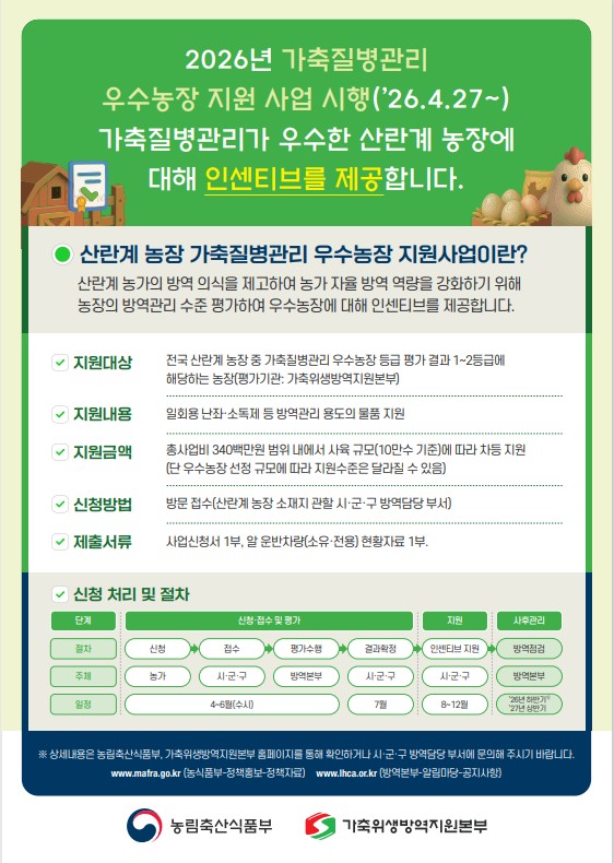 ▲2026년 가축질병관리 우수농장 지원사업 안내 홍보물 (자료제공=농림축산식품부)