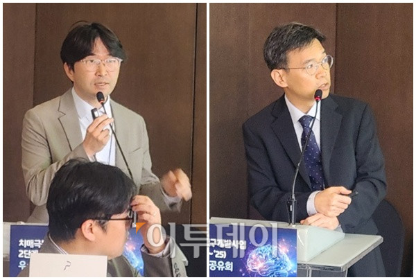 ▲조성진 큐어버스 대표(왼쪽)와 윤승용 아델 대표가 27일 서울 중구 더 플라자 서울에서 ‘치매극복연구개발사업 2단계(2023~2025) 우수성과 공유회’에서 성과를 발표하고 있다. (이상민 기자 imfactor@)