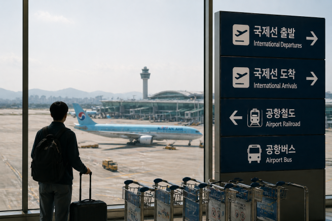 ▲주요 지방도시 거주자들이 장거리 국제선을 이용하기 위해 인천공항을 찾는 현실을 보여주듯, 공항 내부에서 여행객이 창밖으로 비행기와 공항 시설을 바라보고 있다. (출처=챗GPT)