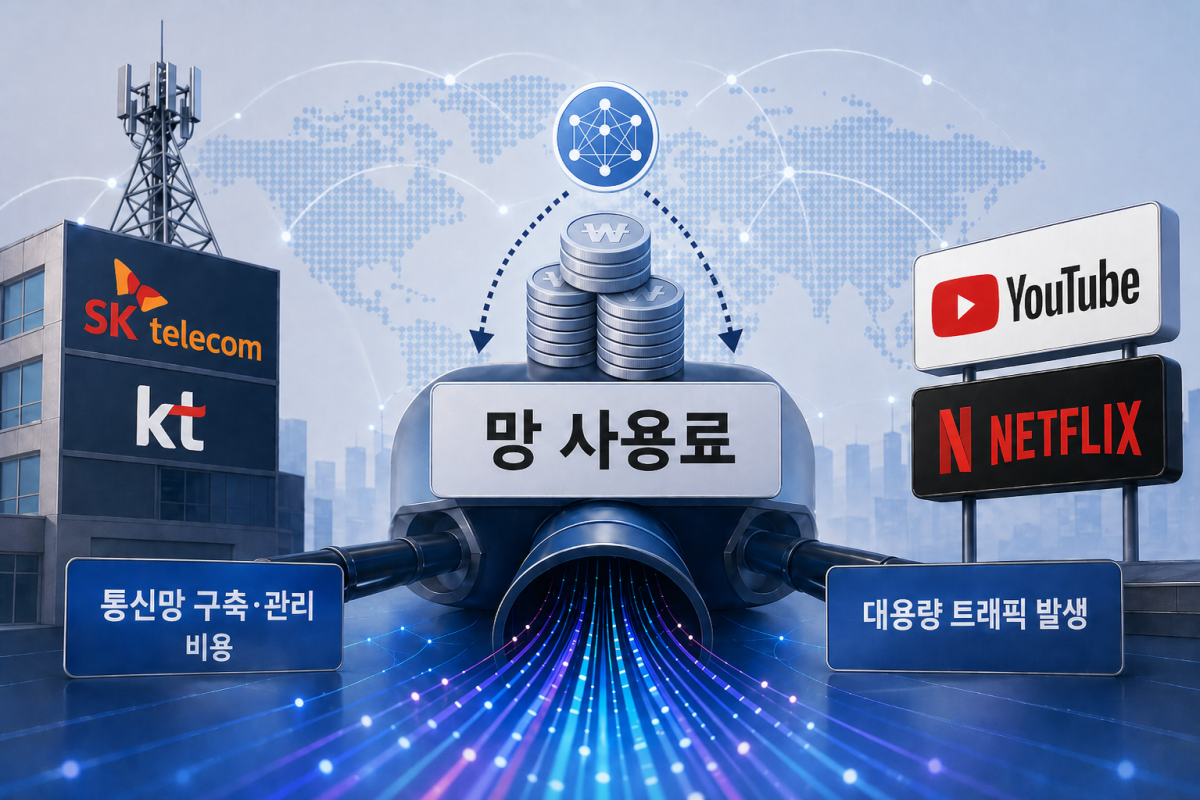 ▲국내 통신사와 해외 빅테크 간의 망 사용료 관계. (사진=챗GPT AI 생성)