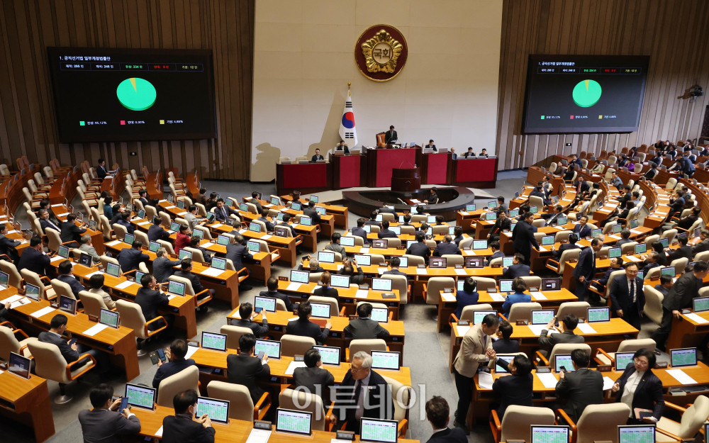▲28일 서울 여의도 국회 본회의에서 공직선거법 일부개정법률안이 가결되고 있다. 고이란 기자 photoeran@