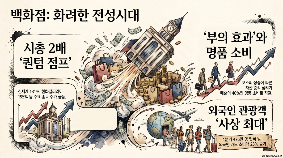 ▲28일 한국거래소에 따르면 백화점 종목의 시가총액이 6개월 만에 두 배 이상 급증했다. (출처=구글 노트북LM)