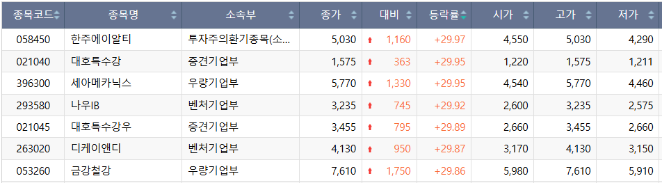 ▲28일 코스닥 시장 상한가 종목. (출처=한국거래소)
