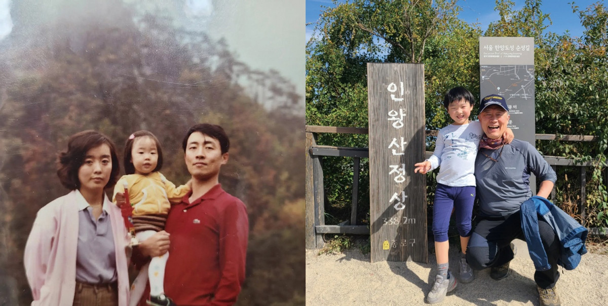 ▲(좌)최재형·이소연 부부의 젊은 시절 모습. (우)손주와 함께 등산을 즐기는 최재형 변호사. (최재형 변호사)