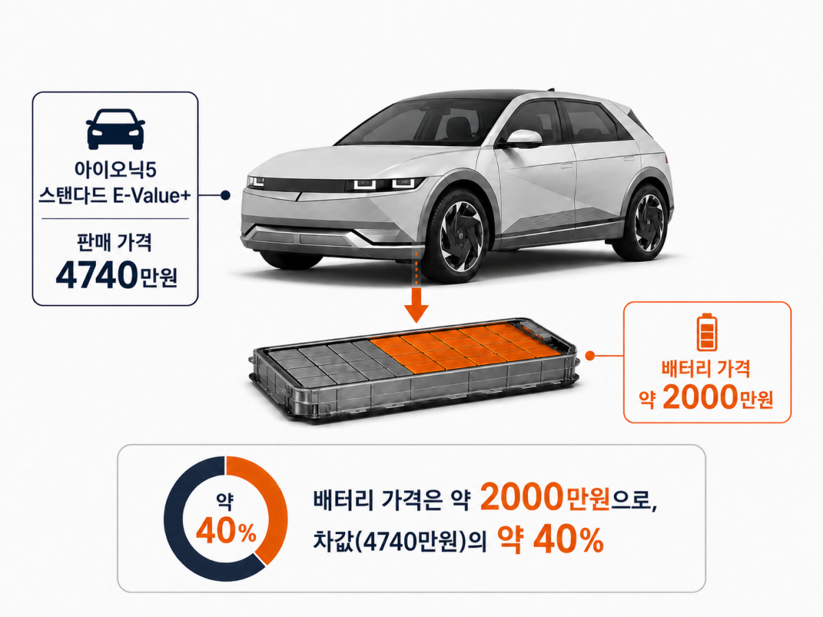 ▲아이오닉5 스탠다드 E-Value+ 판매 가격에서 배터리 가격이 차지하는 비중을 설명한 이미지. (사진=챗GPT AI 생성)