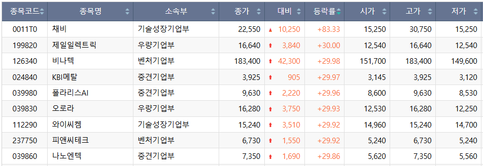 ▲29일 코스닥 시장 상한가 종목. (출처=한국거래소)