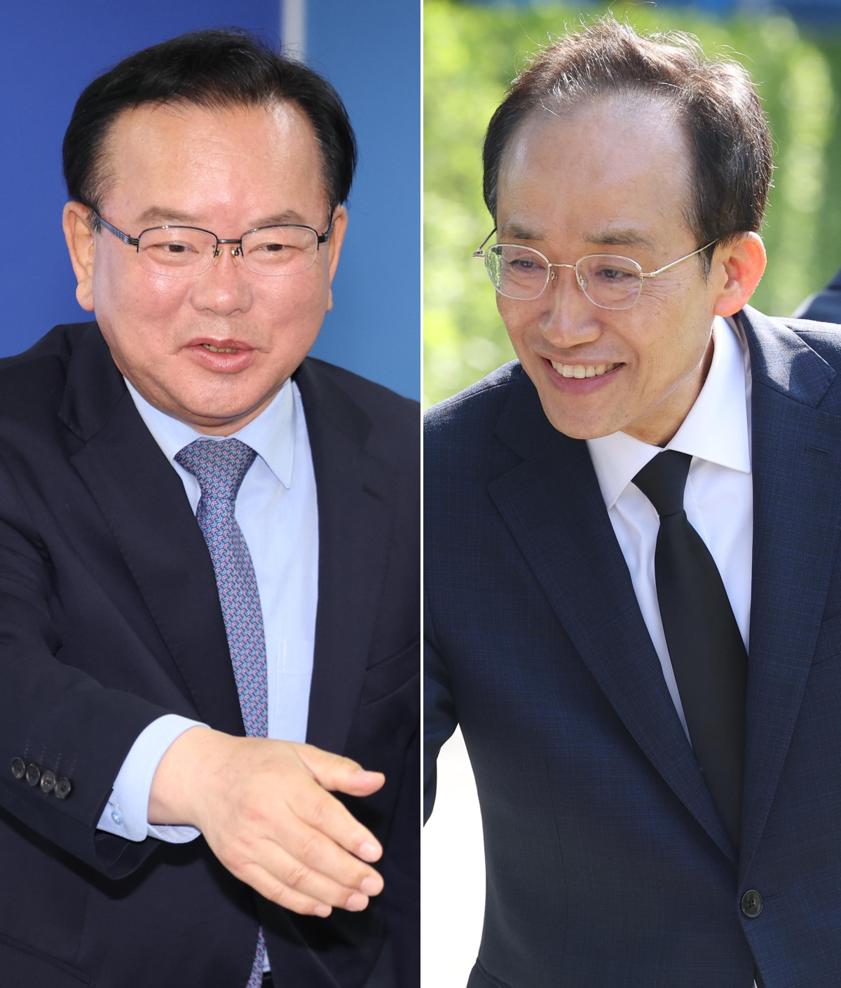 ▲더불어민주당 김부겸 대구시장 예비후보(사진 왼쪽)가 27일 오전 대구 달서구 선거사무소에서 열린 세 번째 공약 발표 회견에서 참석자들과 인사하고 있다. 같은 날 국민의힘 추경호 대구시장 예비후보가 대구 남구 대명동 충혼탑을 참배하기에 앞서 기초단체장 예비후보들과 인사하고 있다. (연합뉴스)