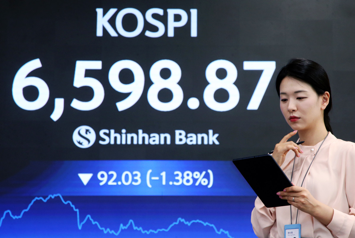 ▲30일 코스피 지수가 전 거래일 대비 92.03포인트(1.38%) 내린 6598.87로 마감한 가운데 신한은행 딜링룸에 지수가 표시되고 있다. (출처=신한은행)