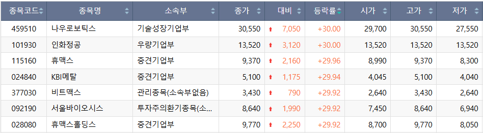 ▲30일 코스닥 시장 상한가 종목. (출처=한국거래소)