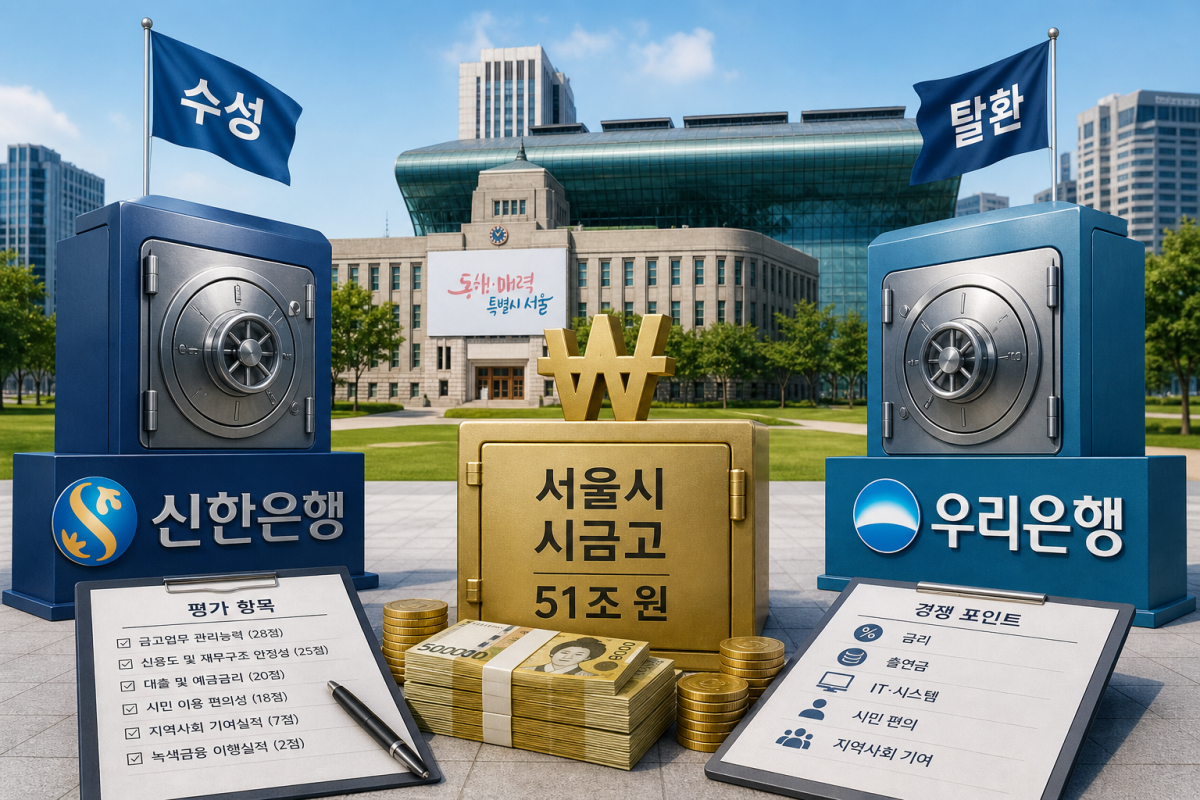 ▲51조 원 규모의 서울시 자금을 관리하는 초대형 금고 사업을 두고 현 금고지기인 신한은행과 과거 장기간 시금고를 맡았던 우리은행이 맞붙는다.(사진=AI 생성)