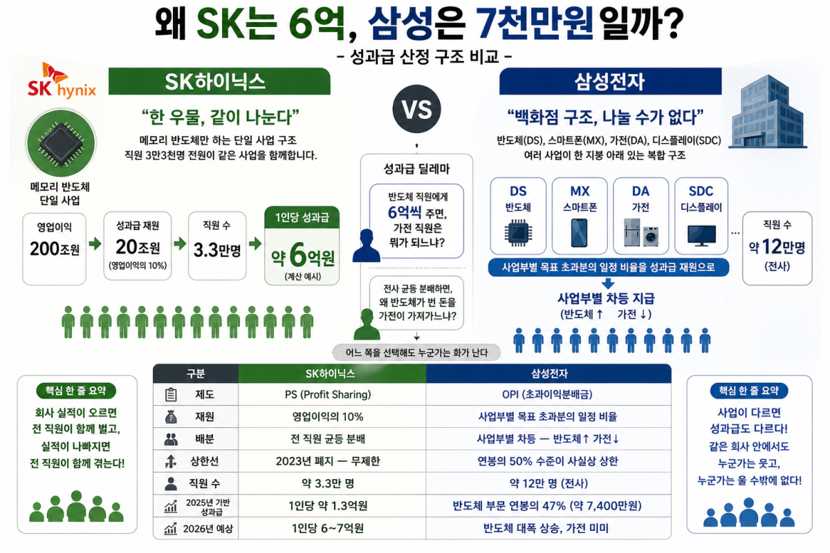 ▲SK하이닉스와 삼성전자의 성과급 산정 구조 비교. (사진=챗GPT AI 생성)