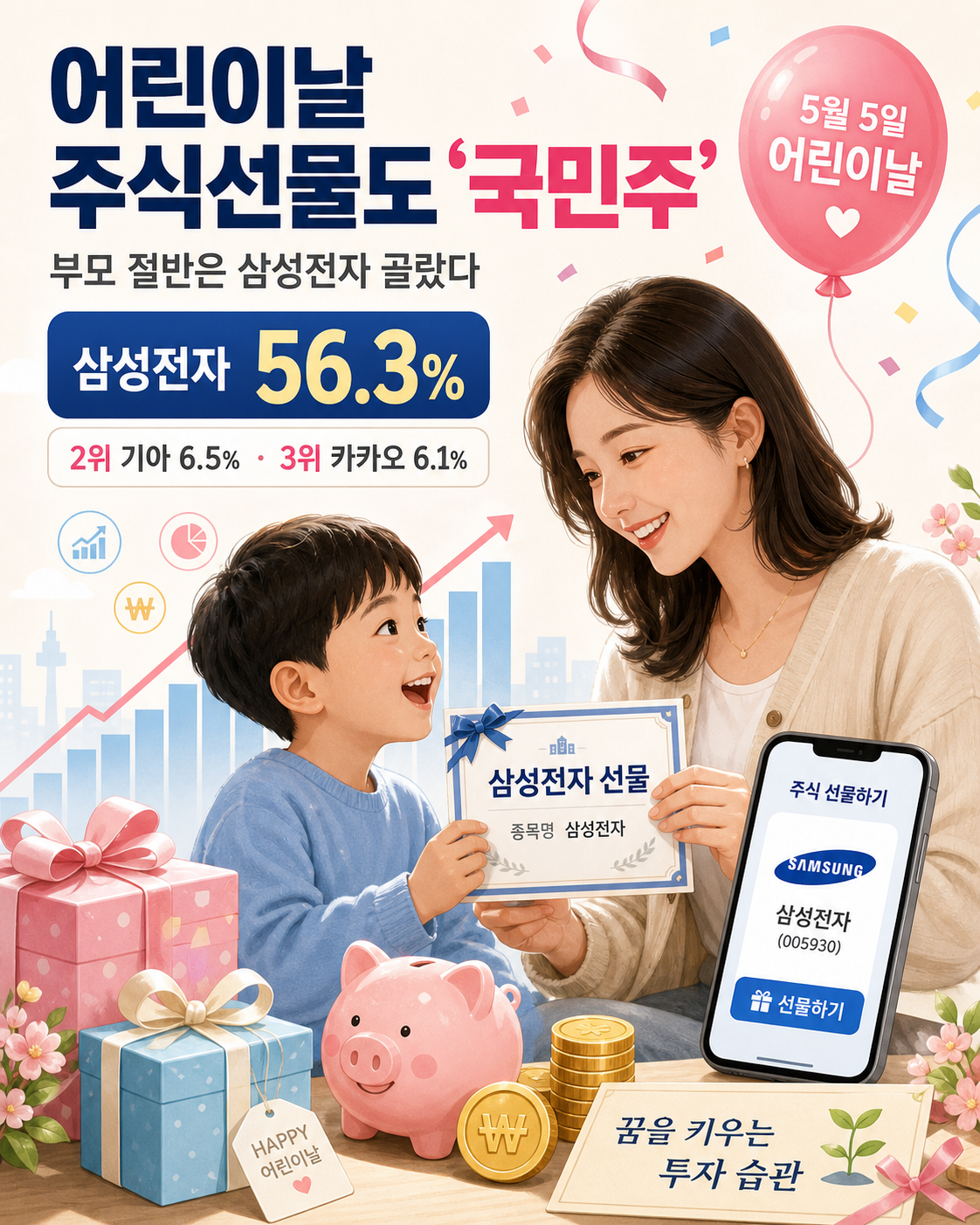 어린이날 주식 선물도 ‘국민주’로…부모 절반은 삼성전자 골랐다