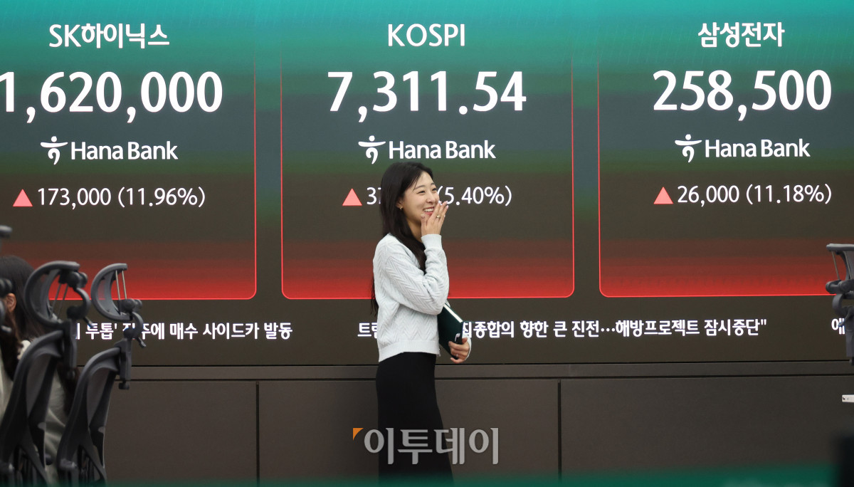 ▲코스피 지수가 7000선을 돌파한 6일 서울 중구 하나은행 딜링룸 전광판 앞에서 딜러가 미소짓고 있다. 고이란 기자 photoeran@