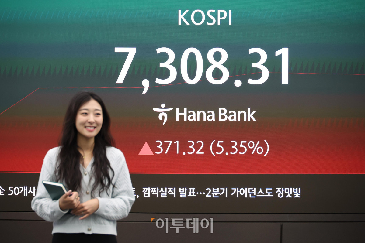 ▲코스피 지수가 7000선을 돌파한 6일 서울 중구 하나은행 딜링룸 전광판 앞에서 딜러가 미소짓고 있다. 고이란 기자 photoeran@