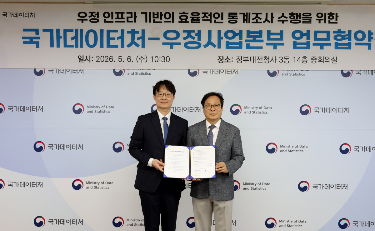 ▲박인환 우정사업본부장(오른쪽)과 이명호 국가데이터처 차장이 6일 정부대전청사에서 효율적인 통계조사 수행을 위한 업무협약을 체결하고 있다. (사진제공=우정사업본부)