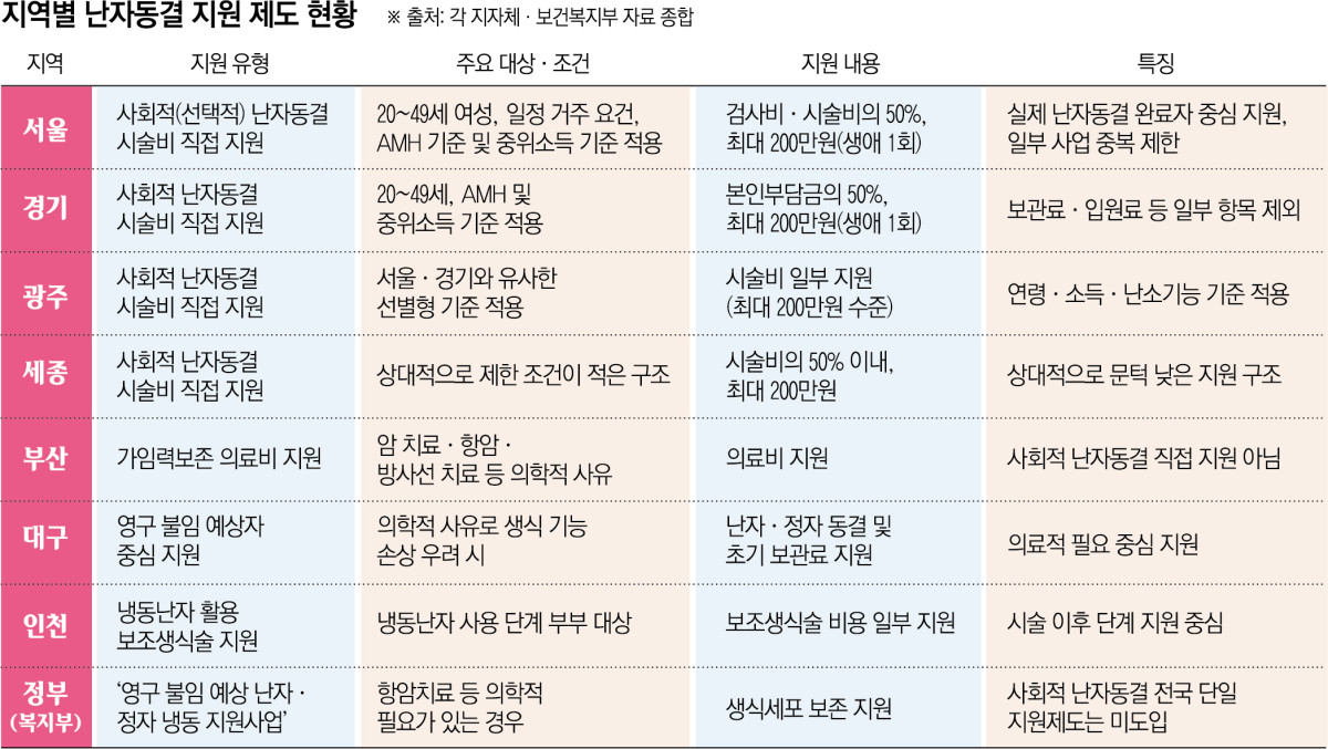 ▲지역별 난자동결 지원 제도 현황 (각 지자체·보건복지부 종합)
