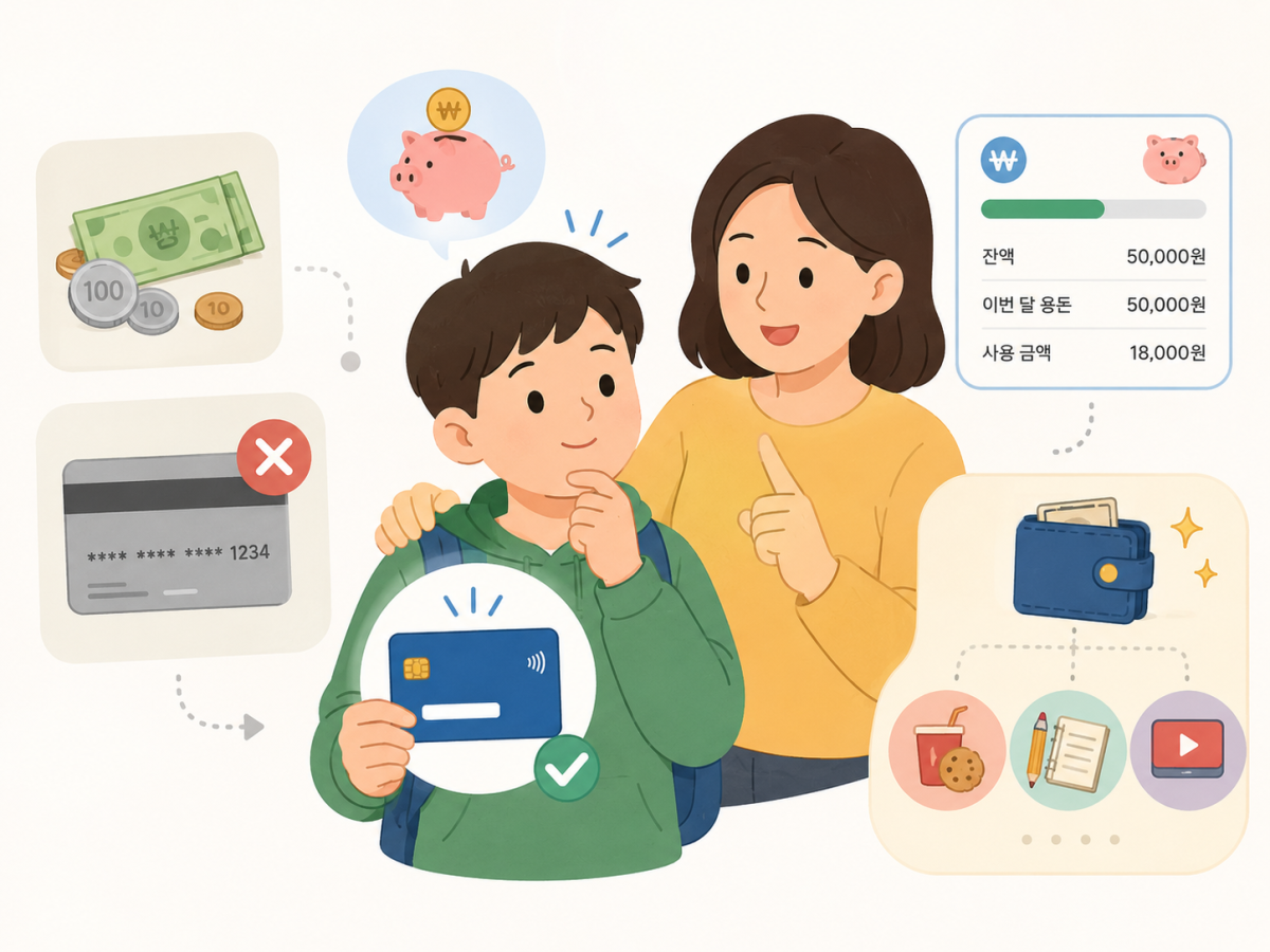 ▲부모가 자녀에게 본인 명의 체크카드를 쓰며 용돈을 관리하는 방법을 설명하고 있다. (사진=챗GPT AI 생성)