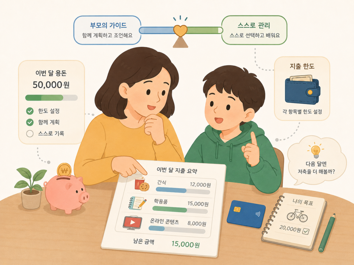 ▲부모와 자녀가 용돈 사용 내역을 함께 보며 소비 한도와 저축 계획을 세우고 있다. (사진=챗GPT AI 생성)