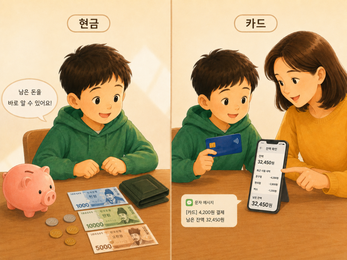 ▲현금은 남은 돈을 바로 확인할 수 있지만, 카드는 앱이나 문자 알림으로 잔액과 사용 내역을 확인해야 한다. (사진=챗GPT AI 생성)