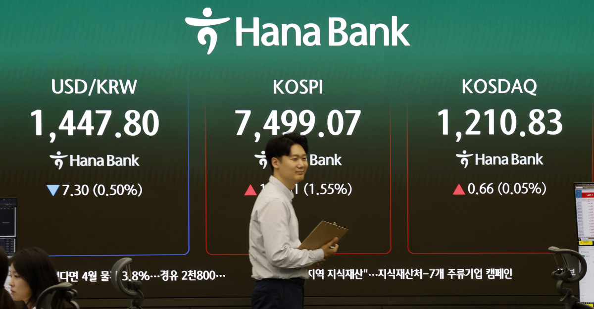 ▲7일 오전 서울 중구 하나은행 딜링룸 전광판에 지수가 표시 되고 있다. (뉴시스)