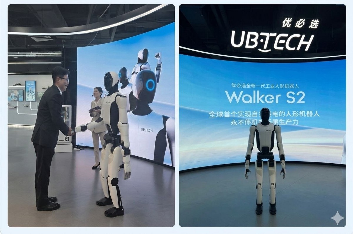 ▲중국 광둥성 선전 유비테크 내 전시장에서 시연 중인 산업용 휴머노이드 로봇 ‘워커 S2’의 모습. (사진제공=폴라리스그룹)