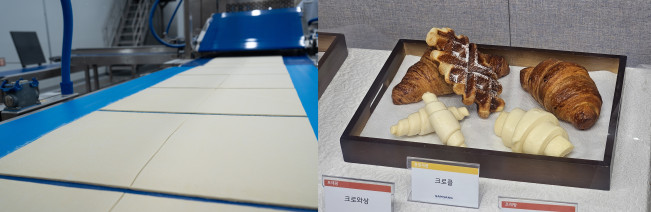 ▲삼양사 인천2 냉동생지 증설공장에서 성형돼 나온 페이스트리 시트(왼)와 삼양사 프레팡의 크로와상 생지 및 생지를 활용해 구운 빵. (사진제공=삼양사)