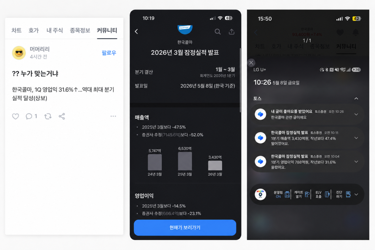 ▲토스증권이 1분기 역대급 실적을 발표한 한국콜마의 매출액을 절반 이하로 낮게 표기하는 사고를 냈다. '어닝 서프라이즈'를 기록한 기업이 순식간에 실적 부진 기업으로 둔갑하면서 투자자들 사이에서 혼란이 빚어졌다. (출처=토스증권 커뮤니티 캡쳐, 챗GPT)