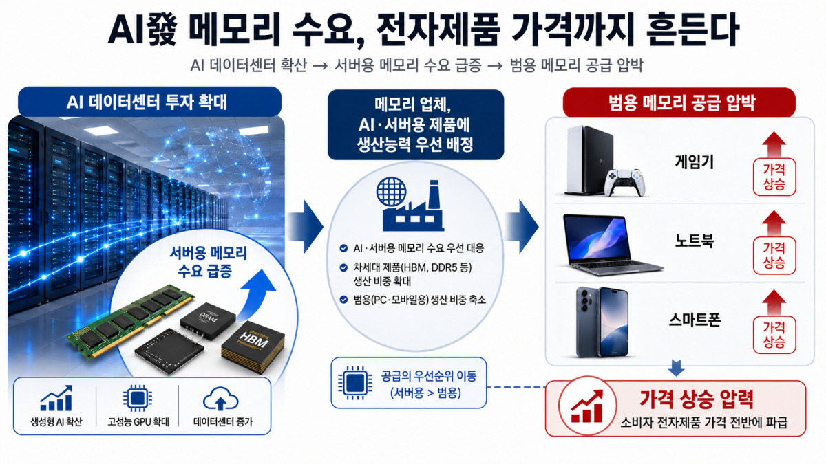 ▲AI 데이터센터 투자 확대로 서버용 메모리 수요가 급증하고, 그 여파로 게임기·노트북·스마트폰 등에 쓰이는 범용 메모리 공급이 압박받으면서 전자제품 가격 상승 압력이 커지는 흐름을 보여주고 있다. (사진=챗GPT AI 생성)