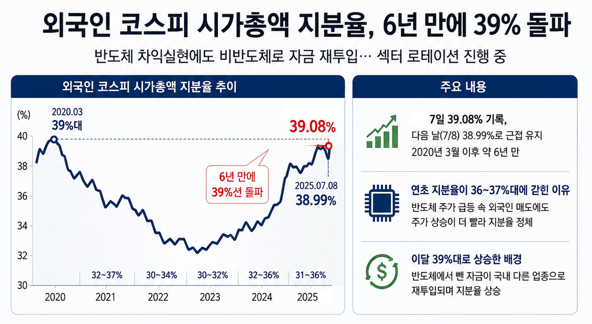 외국인 시총 지분율, 6년 만에 39% 돌파… ‘삼전닉스’ 팔고 로봇·에너지로 ‘U턴’