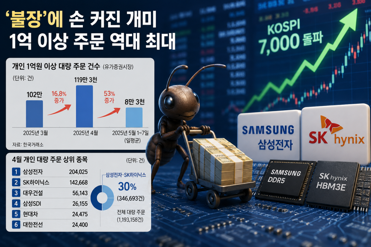 코스피 7000에 손 커진 개미…1억 이상 거액 주문 5년 3개월만에 최대