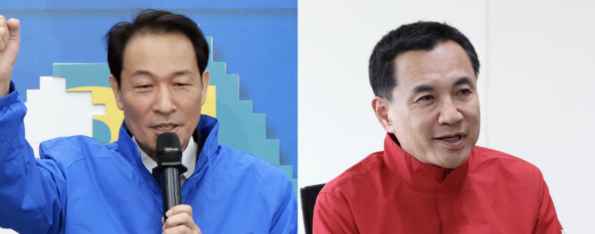 ▲강원도지사 선거에 출마한 더불어민주당 우상호 후보(더불어민주당)와 김진태 후보(국민의힘)의 모습