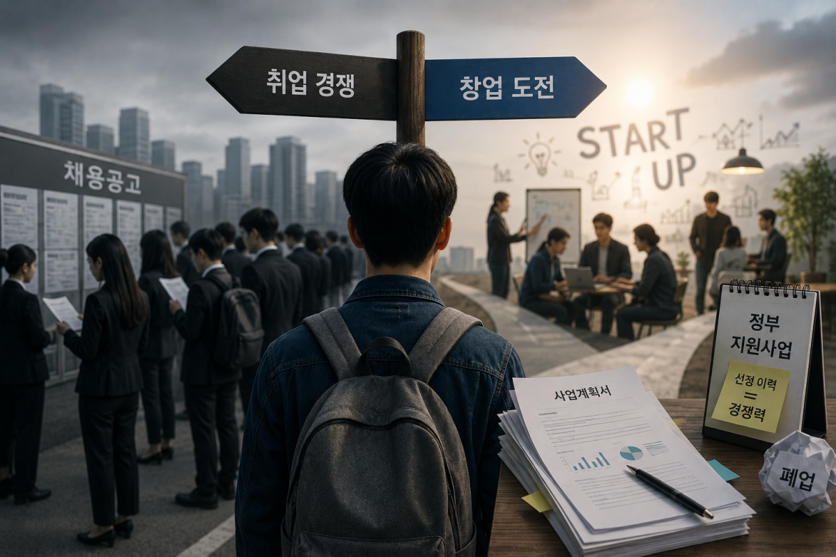 ▲취업 경쟁 vs 창업 도전. (사진=챗GPT AI 생성)