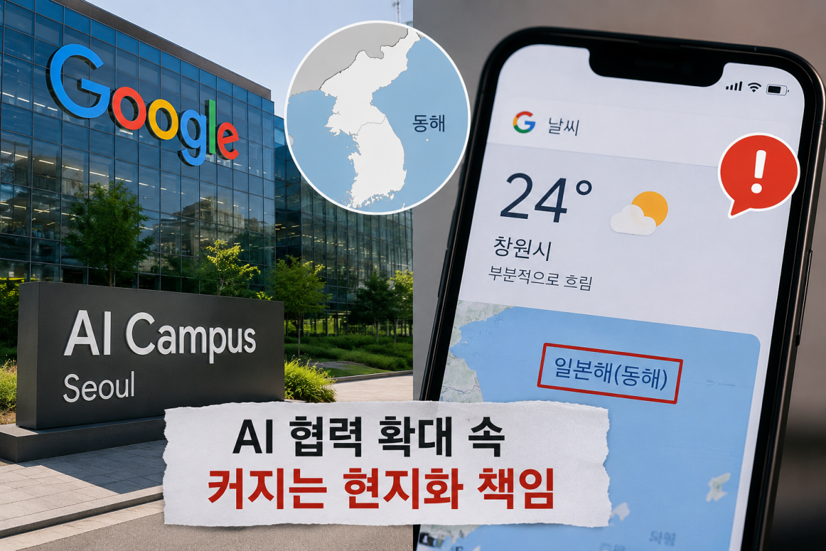 ▲구글 AI 캠퍼스와 날씨 서비스 '일본해(동해)' 표기. (사진=챗GPT AI 생성)