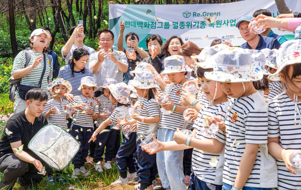 ▲11일 경북 의성군 안계면 도덕리에 위치한 생태공원에서 현대지에프홀딩스·지누스·퓨처넷·에버다임·대원강업 등 현대백화점그룹 임직원들과 지역 어린이집 아동, 국립생태원 및 초록우산어린이재단 관계자들이 멸종위기 야생생물 1급인 ‘붉은점모시나비’ 방사와 먹이식물 식재 활동을 진행하고 있는 모습. (사진제공=현대백화점그룹)