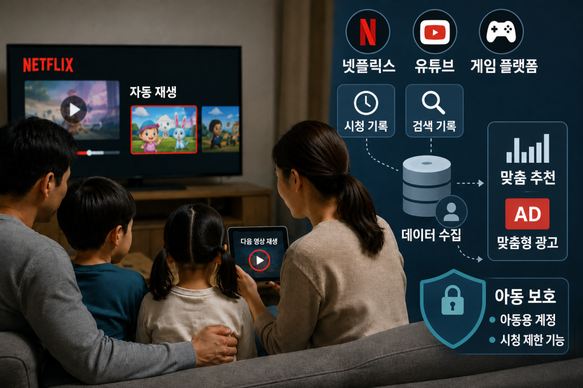 ▲가족이 온라인 동영상 서비스(OTT)를 시청하는 가운데 시청 기록과 검색 기록이 데이터 수집·맞춤 추천으로 이어지는 구조를 형상화한 이미지. (사진=챗GPT AI 생성)