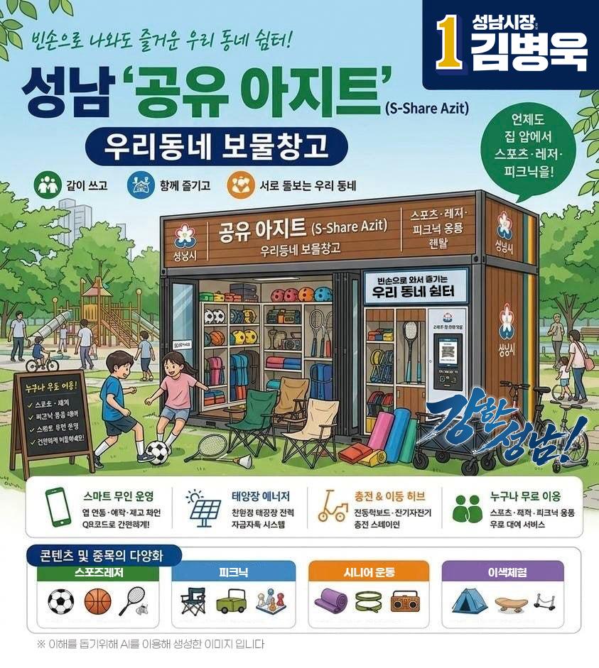 ▲김병욱 성남시장 후보가 발표한 '우리동네 보물창고(성남 공유아지트)' 구상도. 5개 거점에 스포츠·레저·피크닉 용품을 비치하고 QR 기반 스마트 무인 대여 시스템을 운영한다. (김병욱 후보 캠프)