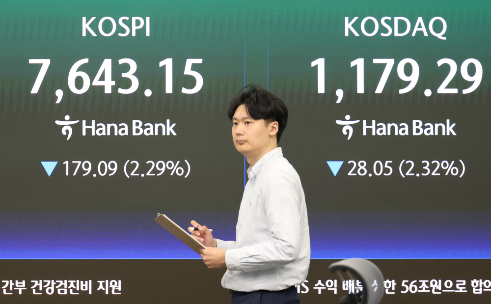 ▲12일 서울 중구 하나은행 딜링룸 전광판에 코스피 지수가 전 거래일보다 179.09포인트(2.29%) 하락한 7643.15를 나타내고 있다. 코스닥 지수는 전 거래일보다 28.05포인트(2.32%) 내린 1179.29에 거래를 마감했다. (고이란 기자 photoeran@)