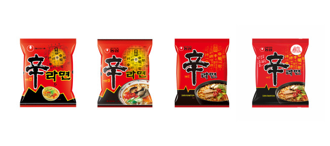▲신라면 출시 이후 연도별 제품 이미지 (1986년, 1992년, 2014년, 현재). (사진제공=농심)