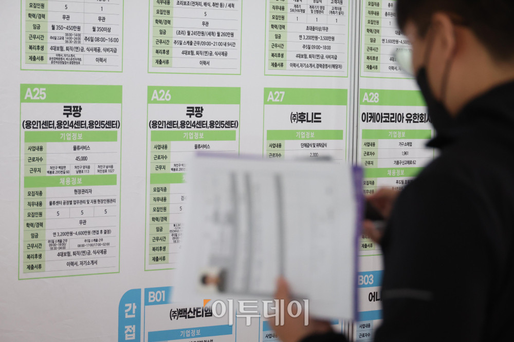 ▲13일 경기 용인미르스타디움에서 열린 ‘용인시 2026 상반기 일자리박람회’에서 한 구직자가 채용 정보 게시판을 보고 있다. 이날 국가데이터처가 발표한 고용동향에 따르면 지난달 취업자 수(15세 이상)는 7만4000명 증가에 그쳤고 고용률은 하락 전환했다. 중동전쟁 여파에 따른 유가 상승과 내수 부진, 전문·과학 및 기술서비스업 고용 둔화 등이 영향을 미친 것으로 분석된다. 청년층 고용률 역시 2년째 하락세를 이어가고 있다. 고이란 기자 photoeran@