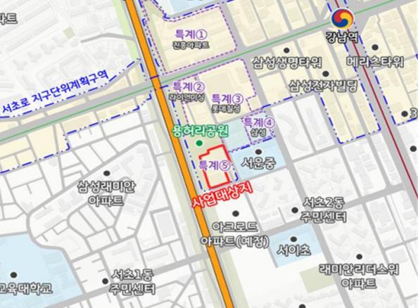 ▲서초구 서초동 코오롱 스포렉스 부지 위치도 (사진제공=서울시)