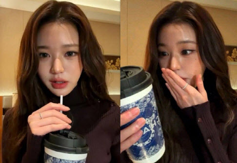 ▲그룹 아이브 멤버 장원영이 차지 음료를 마신 뒤 깜짝 놀라는 모습. (출처=장원영 인스타그램)