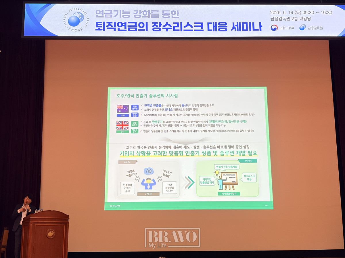 ▲14일 서울 여의도 금융감독원에서 열린 '퇴직연금의 장수리스크 대응 방안' 세미나에서 박형관 하나은행 차장이 발표를 하고 있다.(박지수 기자 jsp@)