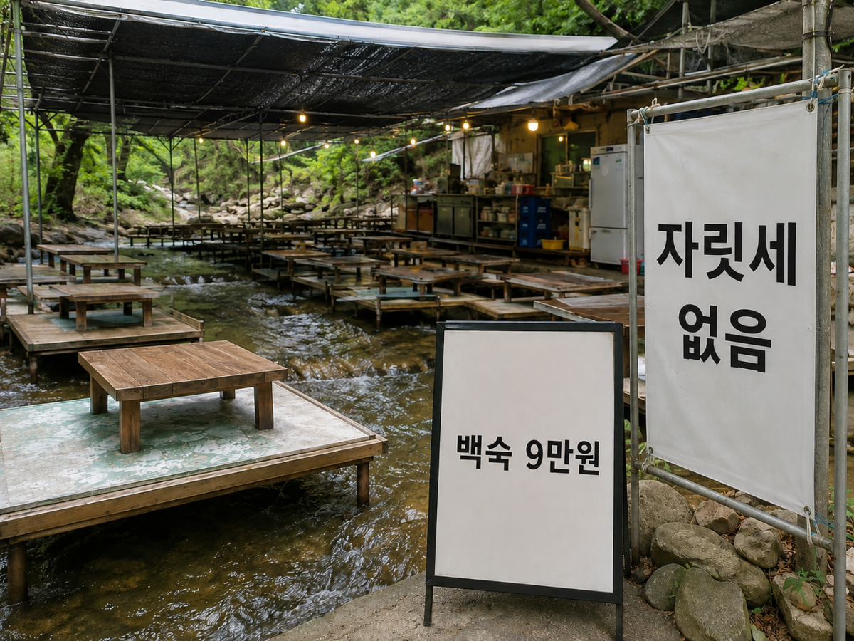 ▲계곡 물 위에 평상과 테이블, 조리시설이 설치된 가운데 '자릿세 없음' 표지와 '백숙 9만원' 메뉴판이 놓여 있다. (사진=챗GPT AI 생성)