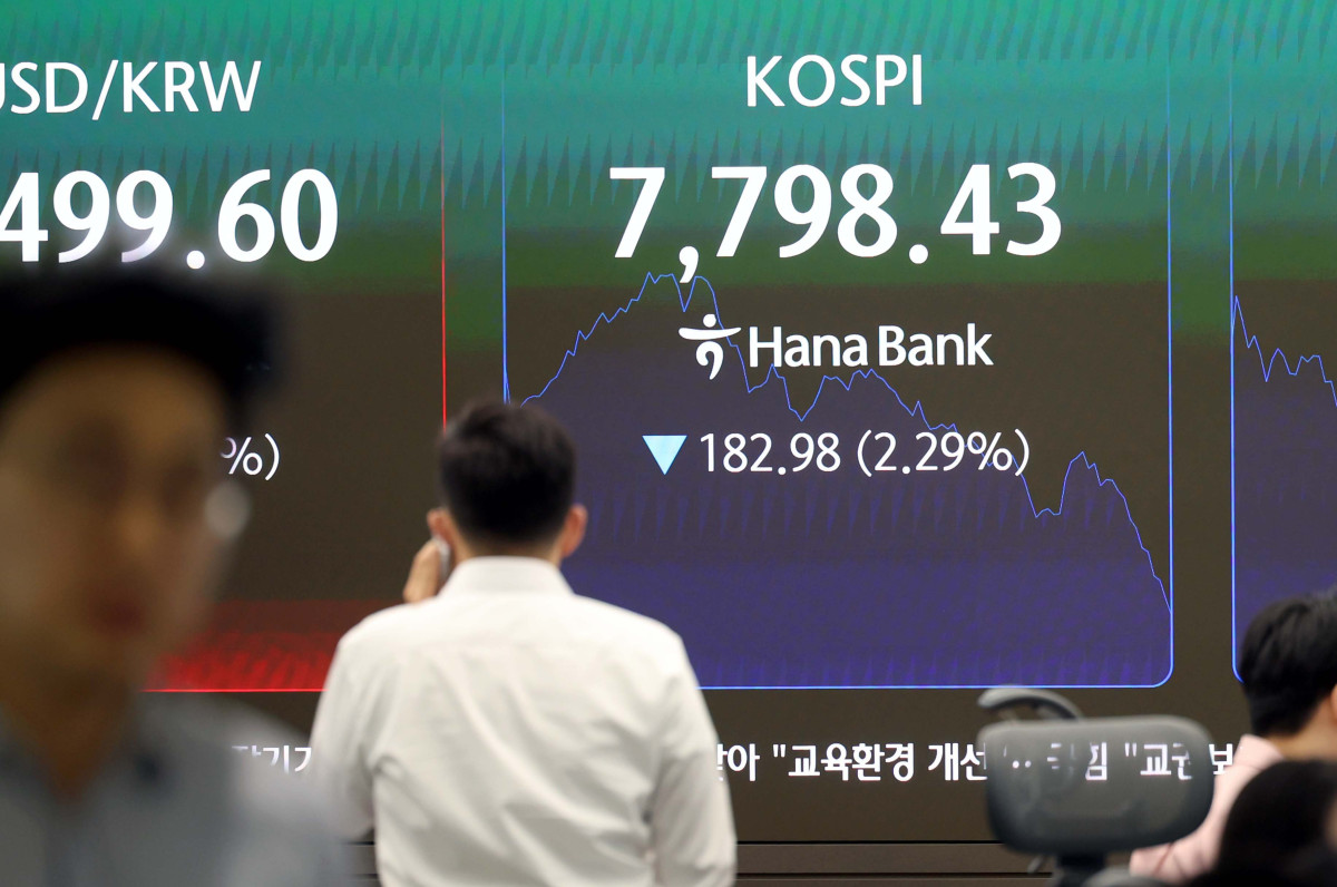 ▲코스피가 사상 처음 장중 8000선을 돌파한 15일 서울 중구 하나은행 본점 딜링룸에 코스피 등 시황이 표시되고 있다. 이날 코스피는 전장보다 0.37% 내린 7951.75에 거래를 시작한 뒤 개장 초 8000선을 넘어섰다. 신태현 기자 holjjak@